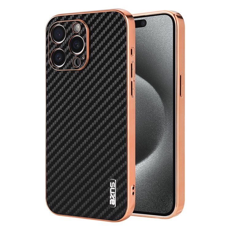 AZNS Electroplated Edge Carbon Fiber Texture Phone Case, For iPhone 15 Pro, For iPhone 15 Plus…