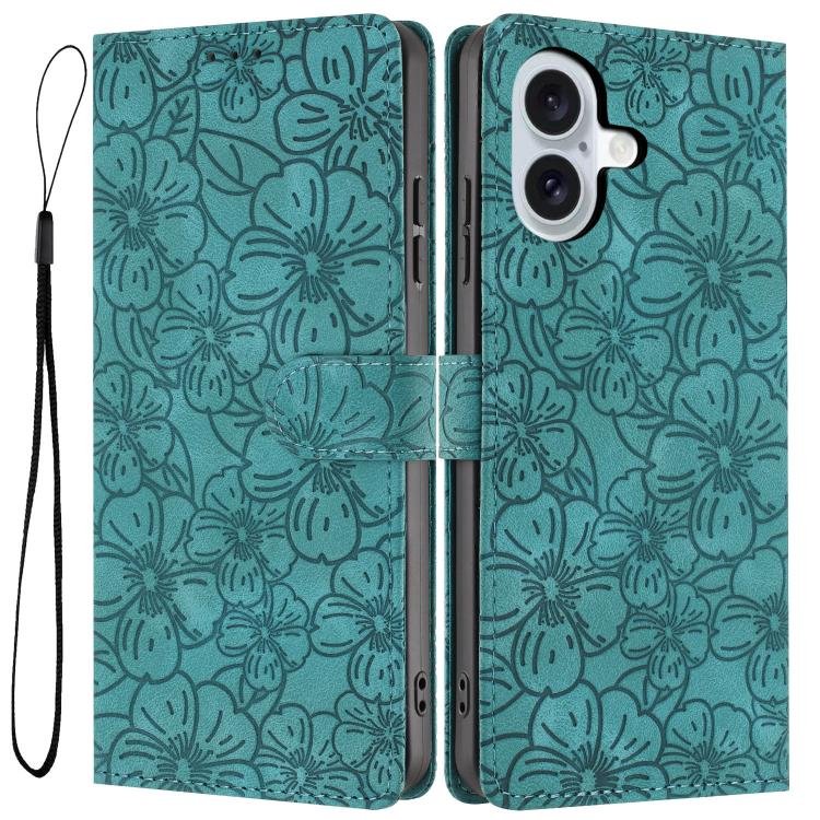 Cherry Blossoms Embossed Leather Phone Case, For iPhone 16 Cherry Blossoms Embossed Leather Phone Case, For iPhone 16