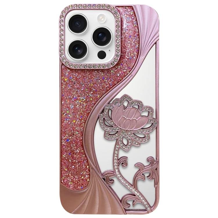 Electroplated TPU Lotus Hollow-carved  Rhinestone Glitter Phone Case, For iPhone 16 Pro…