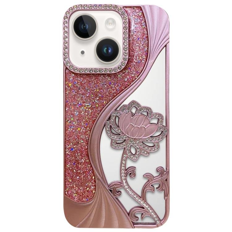 Electroplated TPU Lotus Hollow-carved  Rhinestone Glitter Phone Case, For iPhone 15, For iPhone 14