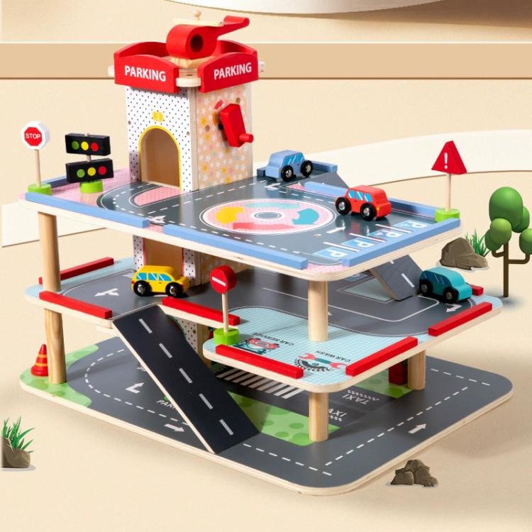 Children Wooden Pretend Play Simulation 3-tier Parking Lot Children Wooden Pretend Play Simulation 3-tier Parking Lot
