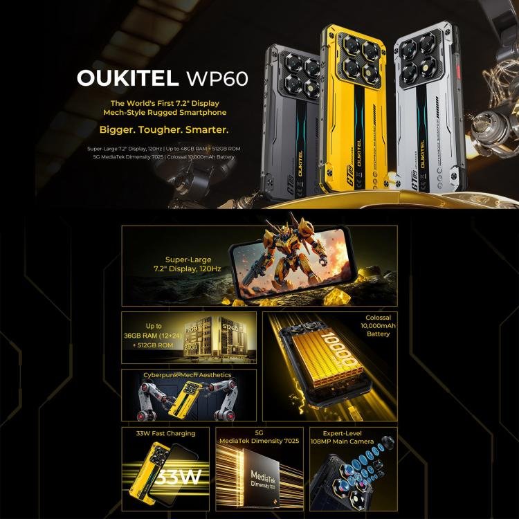 Oukitel WP60 Rugged Phone, 12GB+512GB, Night Vision, 108MP Camera, Side Fingerprint, 7.2 inch And...