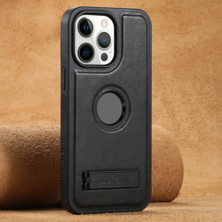 Suteni G2 Magsafe Oil Wax Leather Back Phone Case with Holder, For iPhone 12 Pro Suteni G2 Magsafe Oil Wax Leather Back Phone Case with Holder, For iPhone 12 Pro