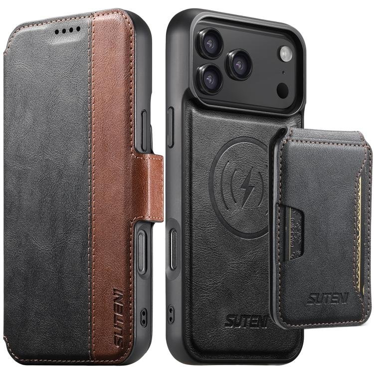 Suteni Q07S3 Left-Right Splicing Cowhide Pattern Flip Side Card Wallet Removable Magnetic Phone C…