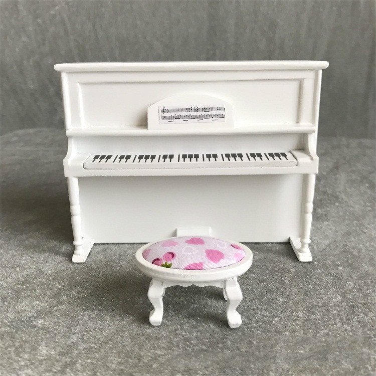 1:12 Mini House Toy Simulatio Piano and Bench, White, Pink, Black 1:12 Mini House Toy Simulatio Piano and Bench, White, Pink, Black
