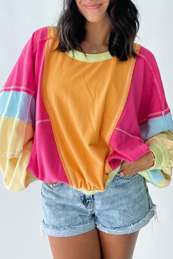 Rose Red Plus Size Colorblock Patchwork Exposed Seam Sweatshirt Rose Red Plus Size Colorblock Patchwork Exposed Seam Sweatshirt