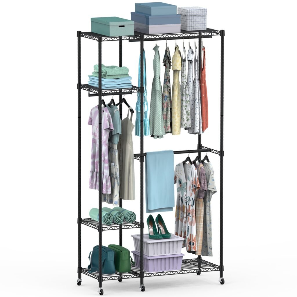 4 Tier Heavy Duty Garment Rack with Wheels Carbon Steel Clothing Rack Portable Wardrobe Clothes Rack with 3 Hanging Rods 6 Footrests 44.9×17.13×77.95i