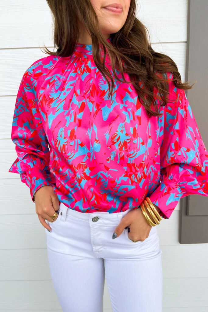 Purple Printed Bubble Sleeve Mock Neck Blouse Purple Printed Bubble Sleeve Mock Neck Blouse