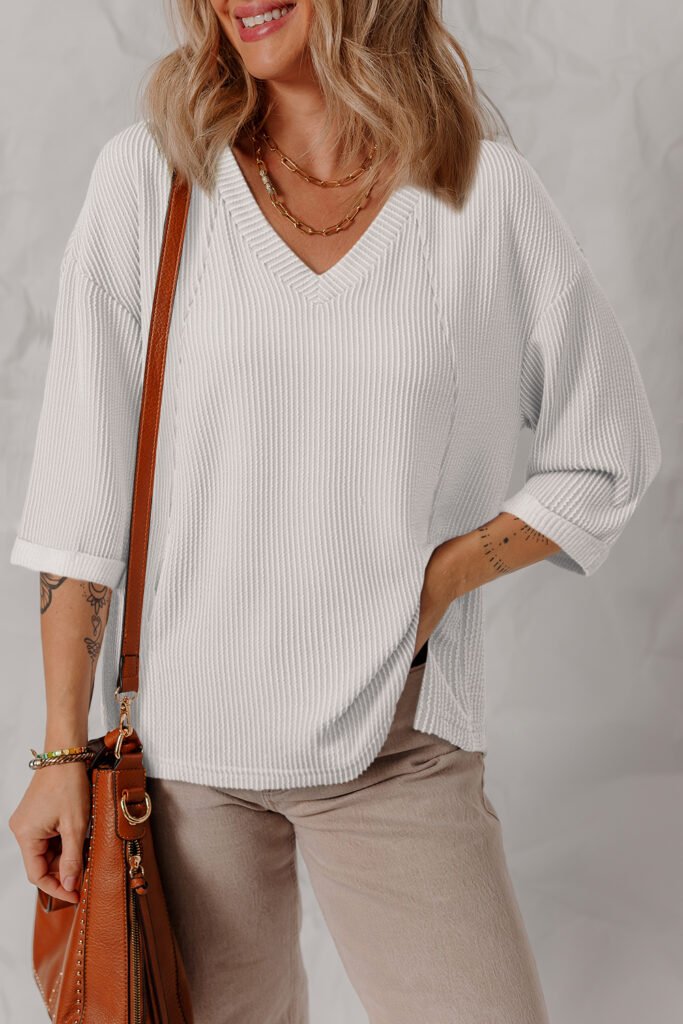 White Solid Color Corded Drop Shoulder 3/4 Sleeve V Neck Top White Solid Color Corded Drop Shoulder 3/4 Sleeve V Neck Top