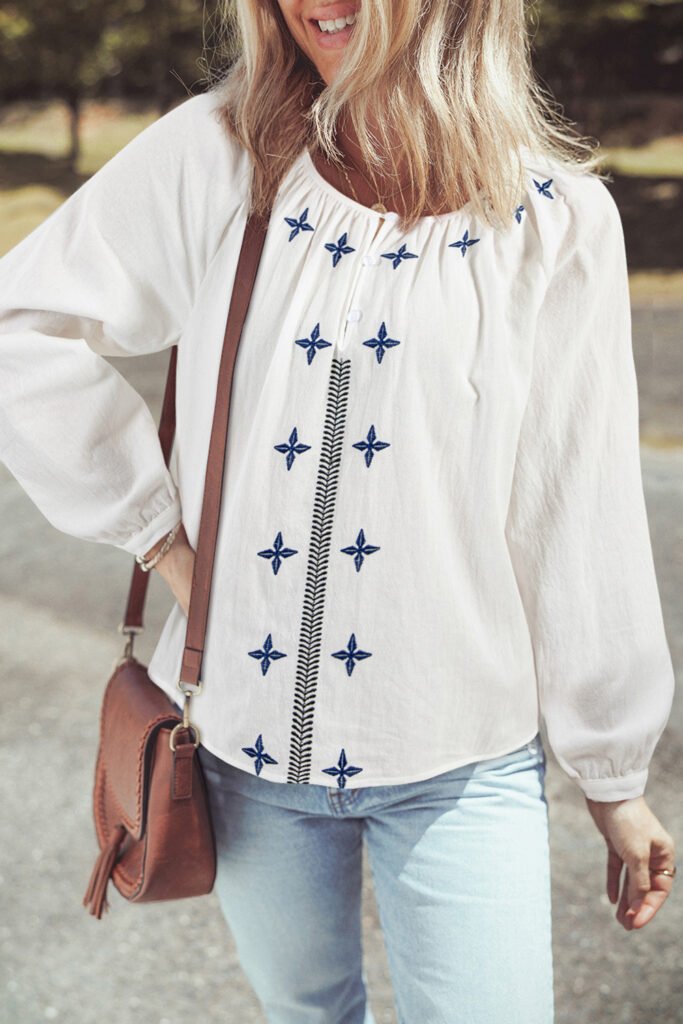 White Geometric Embroidered Long Sleeve Buttoned Blouse White Geometric Embroidered Long Sleeve Buttoned Blouse