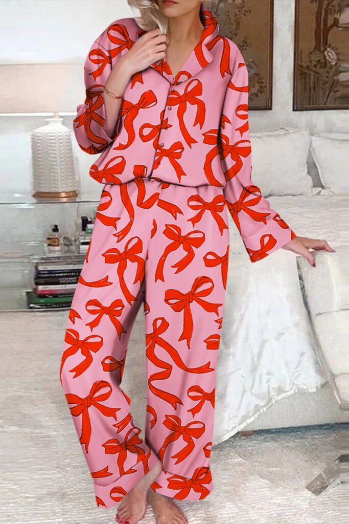 Pink 2pcs Bow Print Shirt Style Long Sleeve Pajama Set Pink 2pcs Bow Print Shirt Style Long Sleeve Pajama Set