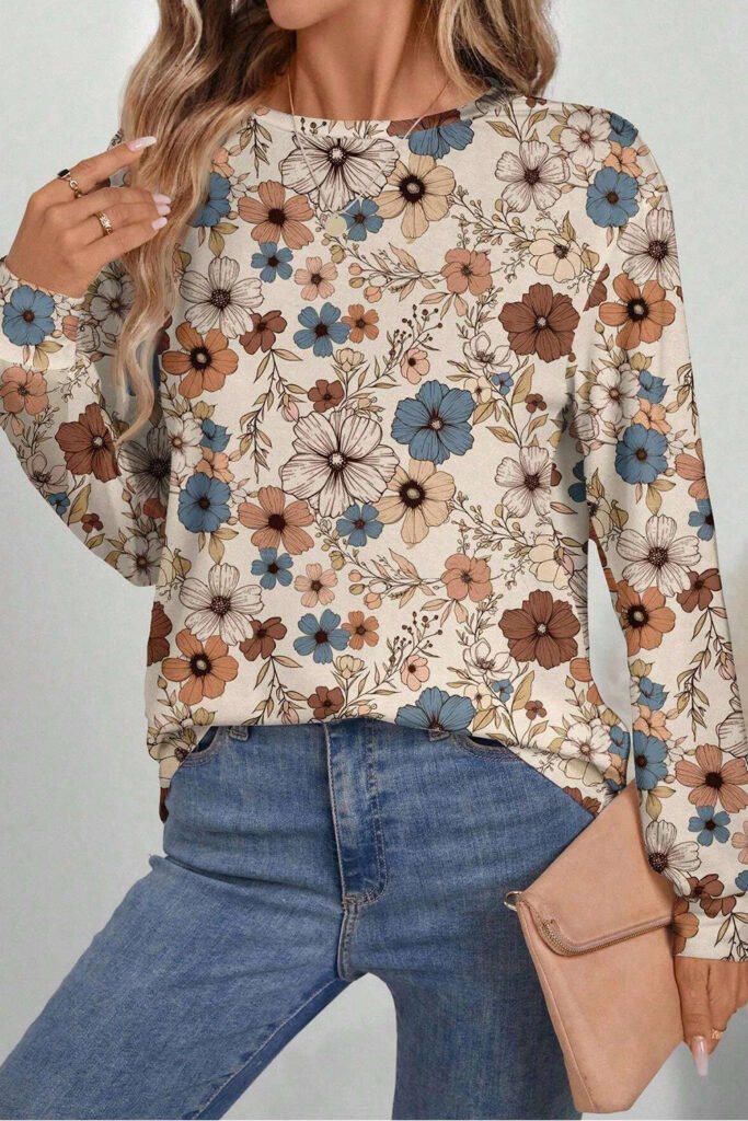 Khaki Floral Print Loose Crew Neck Long Sleeve T Shirt Khaki Floral Print Loose Crew Neck Long Sleeve T Shirt