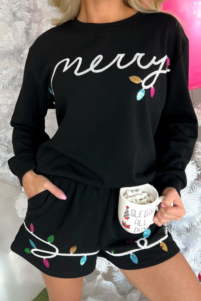 Black Sequin Merry Graphic Pullover and Shorts Outfit Black Sequin Merry Graphic Pullover and Shorts Outfit