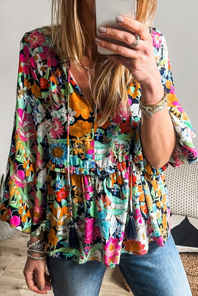 Multicolour Floral Print Bubble Sleeve V Neck Ruffled Blouse Multicolour Floral Print Bubble Sleeve V Neck Ruffled Blouse