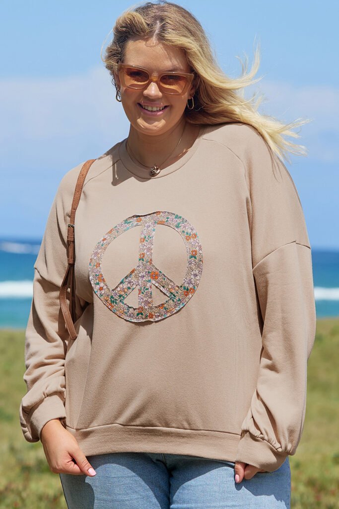 Pale Khaki Floral Peace Sign Graphic Washed Terry Plus Size Sweatshirt Pale Khaki Floral Peace Sign Graphic Washed Terry Plus Size Sweatshirt