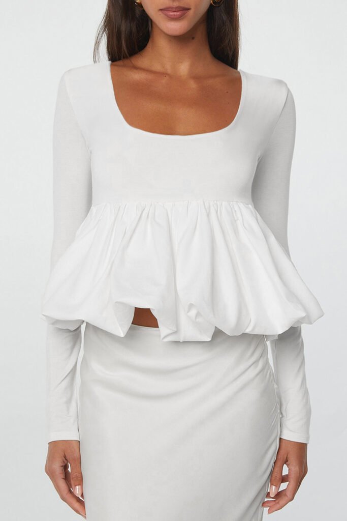 White U Neck Long Sleeve Bubble Hem Top White U Neck Long Sleeve Bubble Hem Top