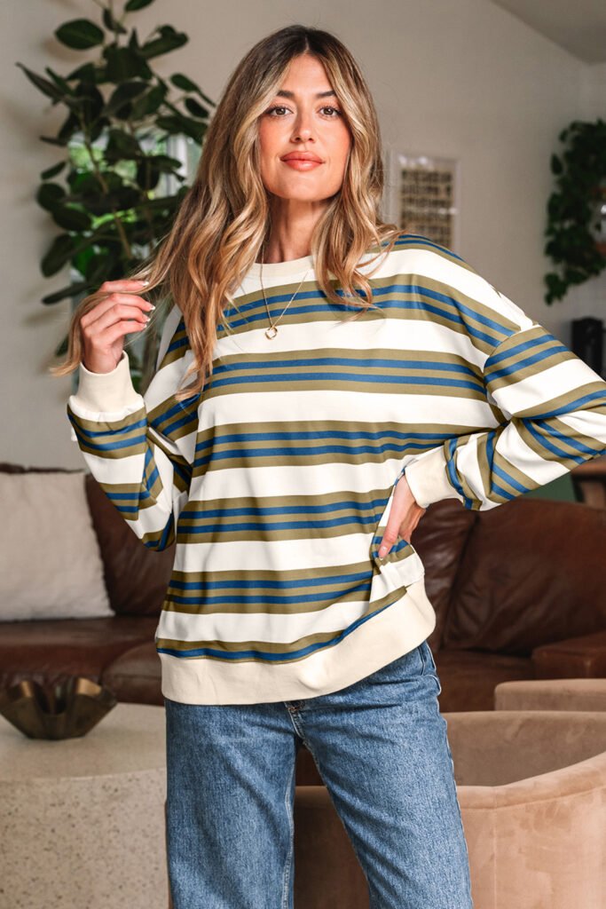 Khaki Stripe Crew Neck Drop Shoulder Pullover Sweatshirt Khaki Stripe Crew Neck Drop Shoulder Pullover Sweatshirt