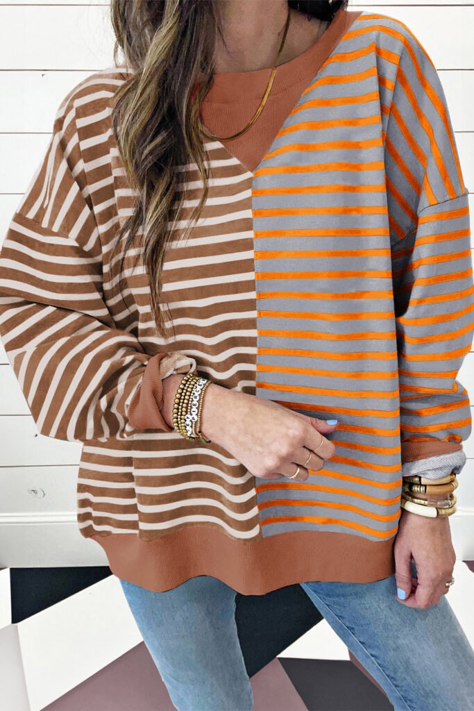 Brown Stripe Casual Stripe Colorblock Drop Shoulder Oversize Sweatshirt Brown Stripe Casual Stripe Colorblock Drop Shoulder Oversize Sweatshirt