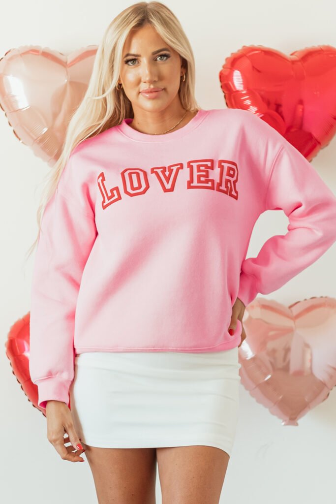Pink LOVER Puff Print Drop Shoulder Pullover Sweatshirt Pink LOVER Puff Print Drop Shoulder Pullover Sweatshirt
