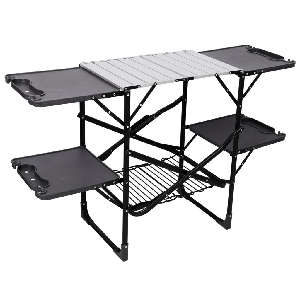 Folding Camping Kitchen Table, Portable Outdoor Cooking Station with Heat Resistant Top, 4 Side Tables & Lower Storage Rack for Picnic, Tailgating & C Folding Camping Kitchen Table, Portable Outdoor Cooking Station with Heat Resistant Top, 4 Side Tables & Lower Storage Rack for Picnic, Tailgating & C