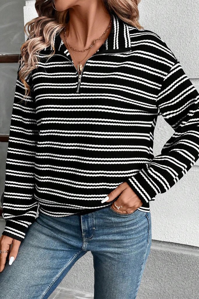 Black Stripe Textured Quarter Zip Collar Long Sleeve Top Black Stripe Textured Quarter Zip Collar Long Sleeve Top