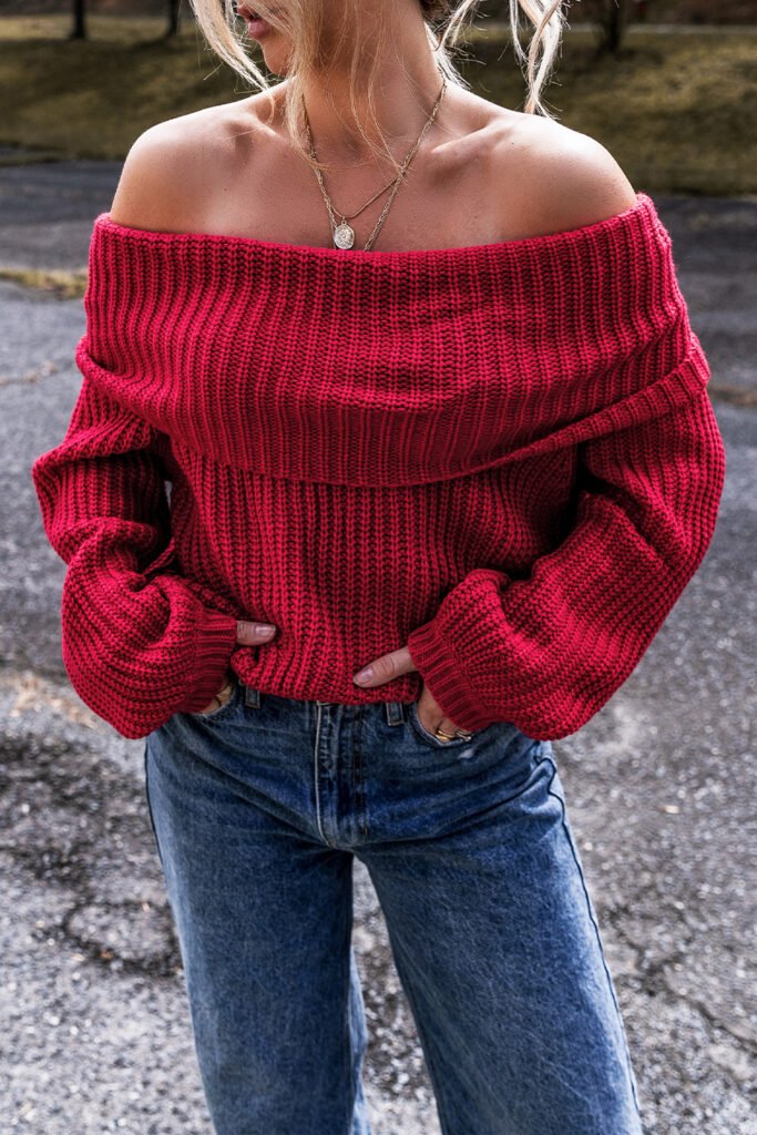 Racing Red Off-the-shoulder Knit Sweater Racing Red Off-the-shoulder Knit Sweater