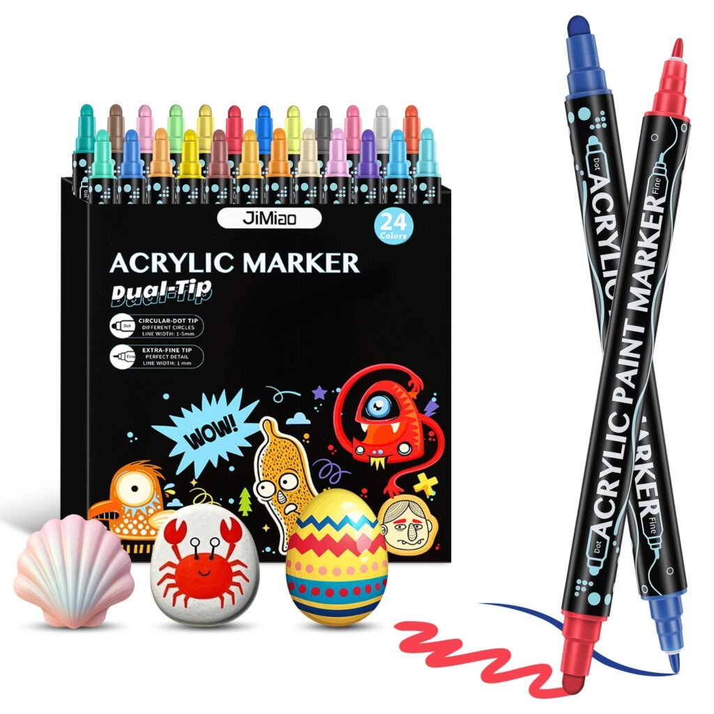 24 Colors Dual Tip Acrylic Paint Markers Set, Water-Based Paint Pens with Fine & Broad Tips, Quick-Dry Waterproof Art Markers for Rock Painting, Wood,