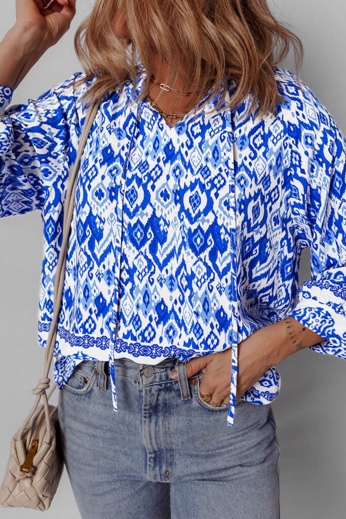 Blue Boho Printed 3/4 Sleeve Tied Neck Blouse Blue Boho Printed 3/4 Sleeve Tied Neck Blouse