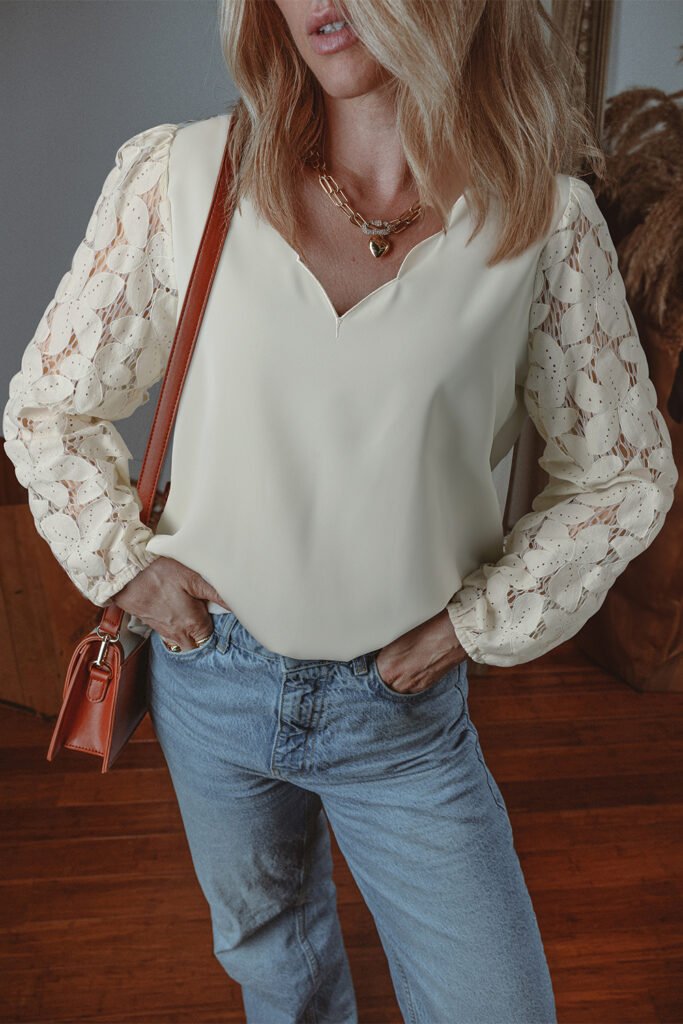 White Scalloped V Neckline Lace Hollowed Lantern Sleeve Blouse White Scalloped V Neckline Lace Hollowed Lantern Sleeve Blouse