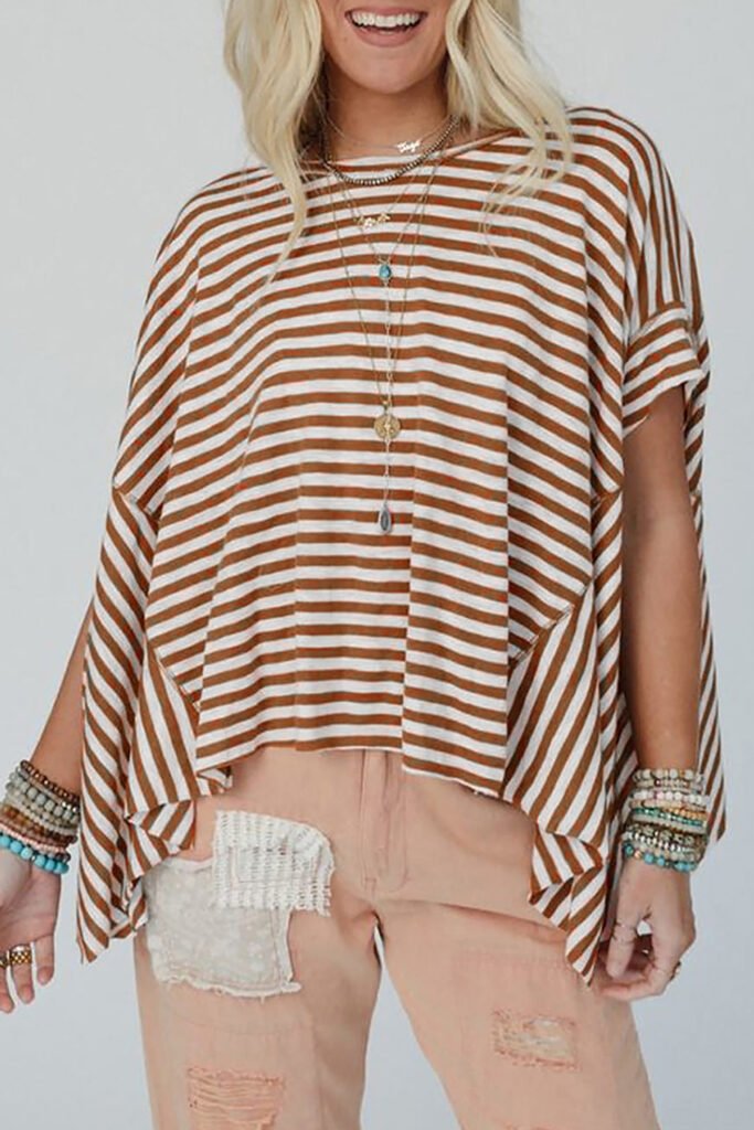 Khaki Stripe Batwing Sleeve Crewneck Oversized Top Khaki Stripe Batwing Sleeve Crewneck Oversized Top