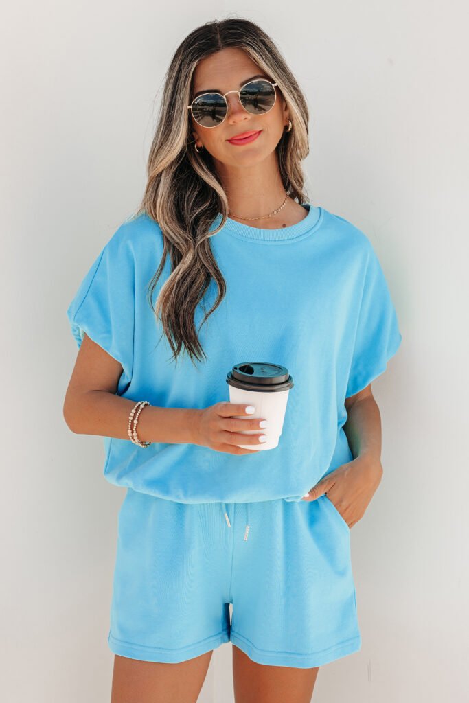 Light Blue Solid Color Puffy Loose Top Drawstring Shorts 2pcs Outfit Light Blue Solid Color Puffy Loose Top Drawstring Shorts 2pcs Outfit