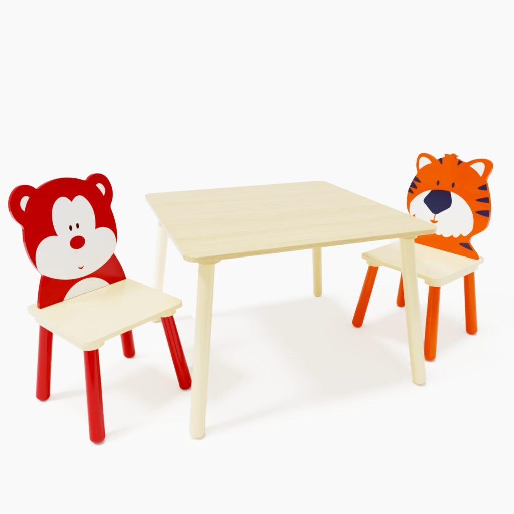 3-Piece Kids Wooden Table and Chair Set, Bear & Tiger Cartoon Themed Toddler Activity Play Table with 2 Chairs, Solid Wood & MDF Children Furniture fo