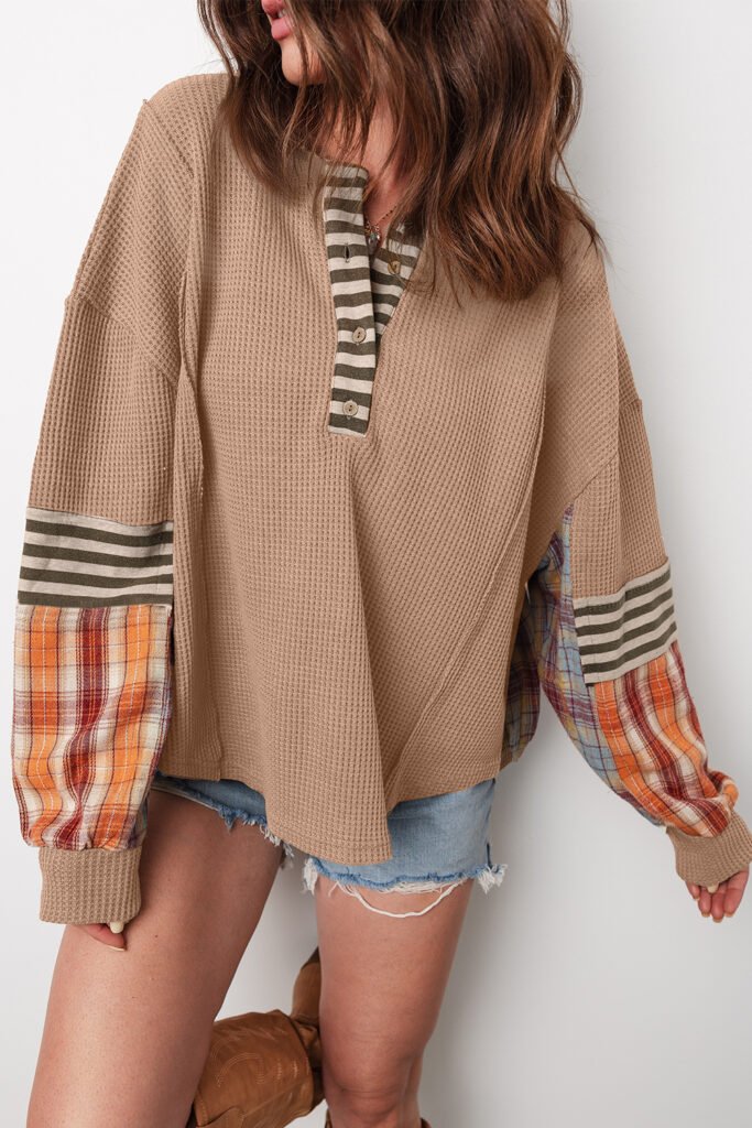 Straw Yellow Waffle Stripe Plaid Patchwork Henley Knit Top Straw Yellow Waffle Stripe Plaid Patchwork Henley Knit Top