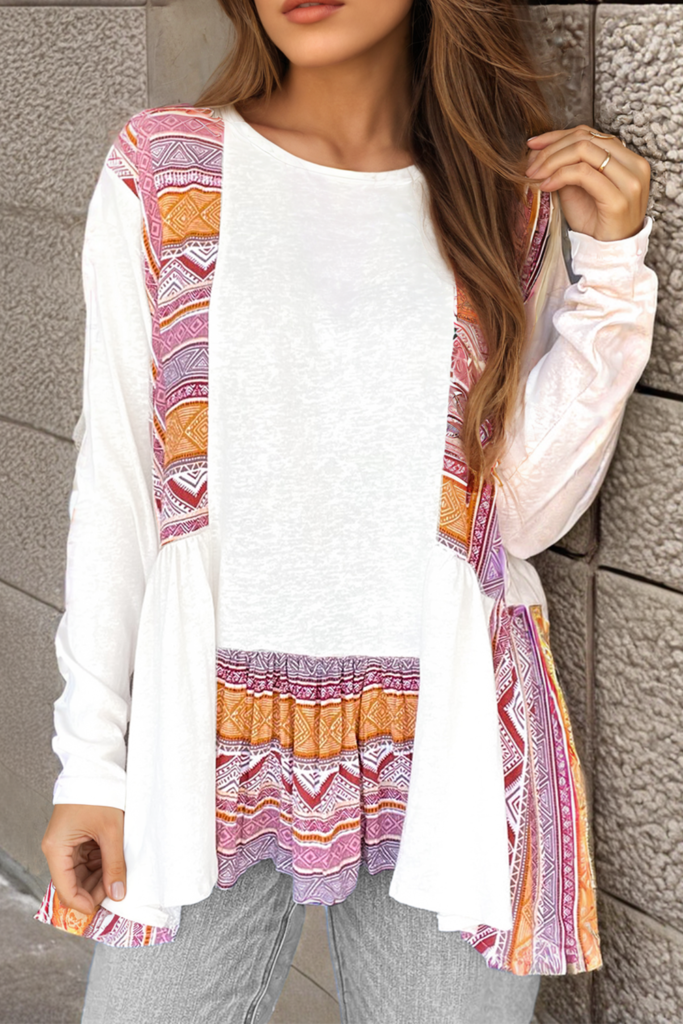 White Western Aztec Print Patchwork Ruffled Tunic Long Sleeve Babydoll Top White Western Aztec Print Patchwork Ruffled Tunic Long Sleeve Babydoll Top