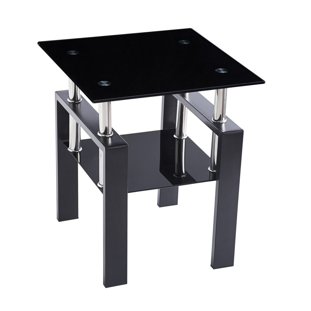 2Pcs Tempered Glass Sofa Table, 2-Tier Black End Table with Powder-Coated Iron Frame, Modern Glass Side Table for Living Room, Bedroom, Office