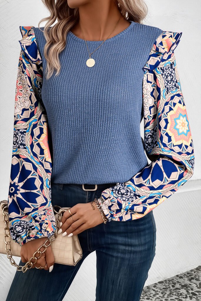 Ashleigh Blue Ruffled Floral Sleeve Patchwork Waffle Knit O Neck Blouse Ashleigh Blue Ruffled Floral Sleeve Patchwork Waffle Knit O Neck Blouse