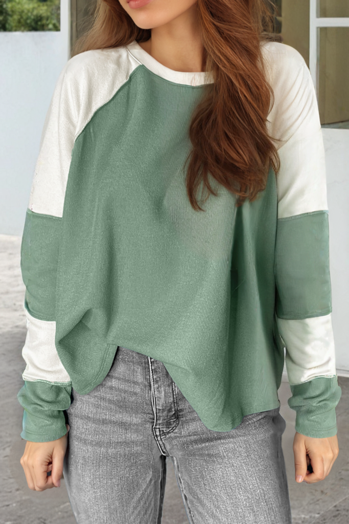 Mint Green Ribbed Colorblock Patchwork Raglan Long Sleeve Top Mint Green Ribbed Colorblock Patchwork Raglan Long Sleeve Top