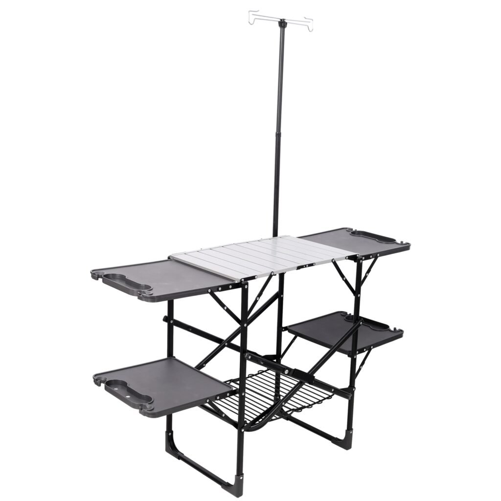 Folding Camping Kitchen Table with Lamp Post, Portable Outdoor Cooking Station with Heat Resistant Top, 4 Side Tables & Lower Storage Rack for Picnic, Folding Camping Kitchen Table with Lamp Post, Portable Outdoor Cooking Station with Heat Resistant Top, 4 Side Tables & Lower Storage Rack for Picnic,