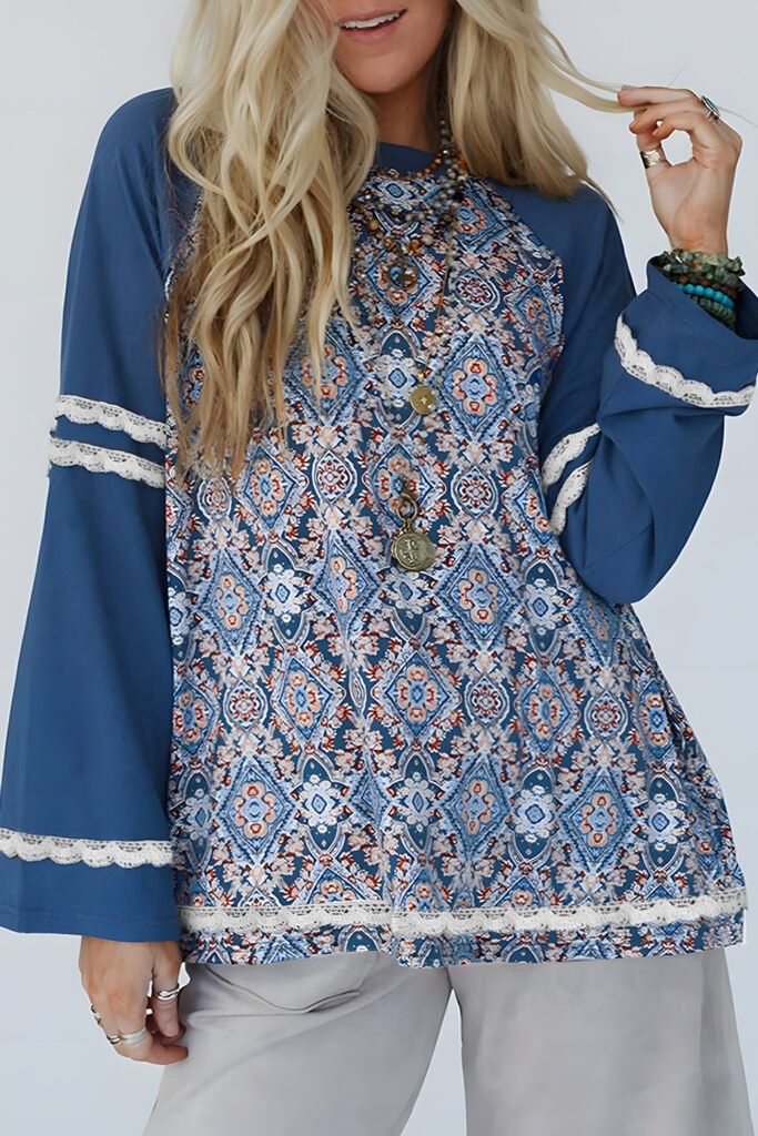 Blue Geometric Printed Lace Patchwork Ric Rac Raglan Long Sleeve Top Blue Geometric Printed Lace Patchwork Ric Rac Raglan Long Sleeve Top