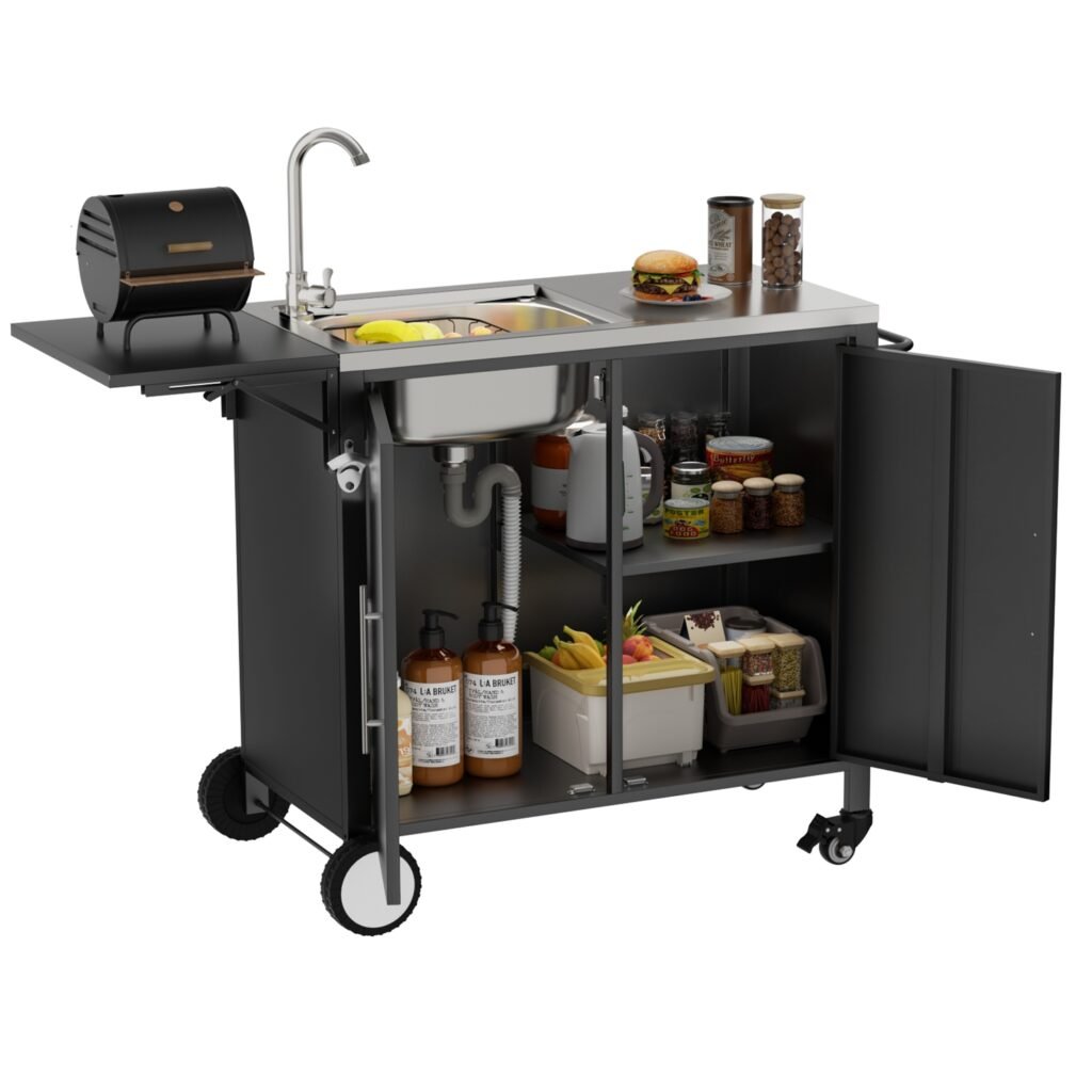 Outdoor Grill Cart with Storage Outdoor Grill Table with Sink Wheels Fold-Down Side Table for Patio Backyard BBQ