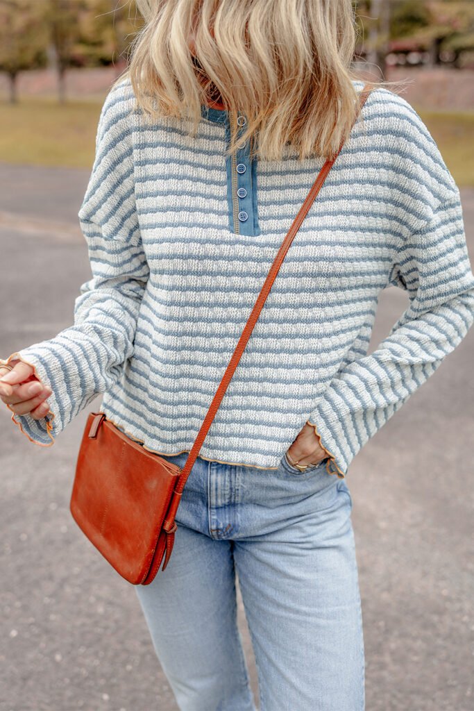 Sky Blue Stripe Textured Frilly Trim Buttons Henley Long Sleeve Top Sky Blue Stripe Textured Frilly Trim Buttons Henley Long Sleeve Top