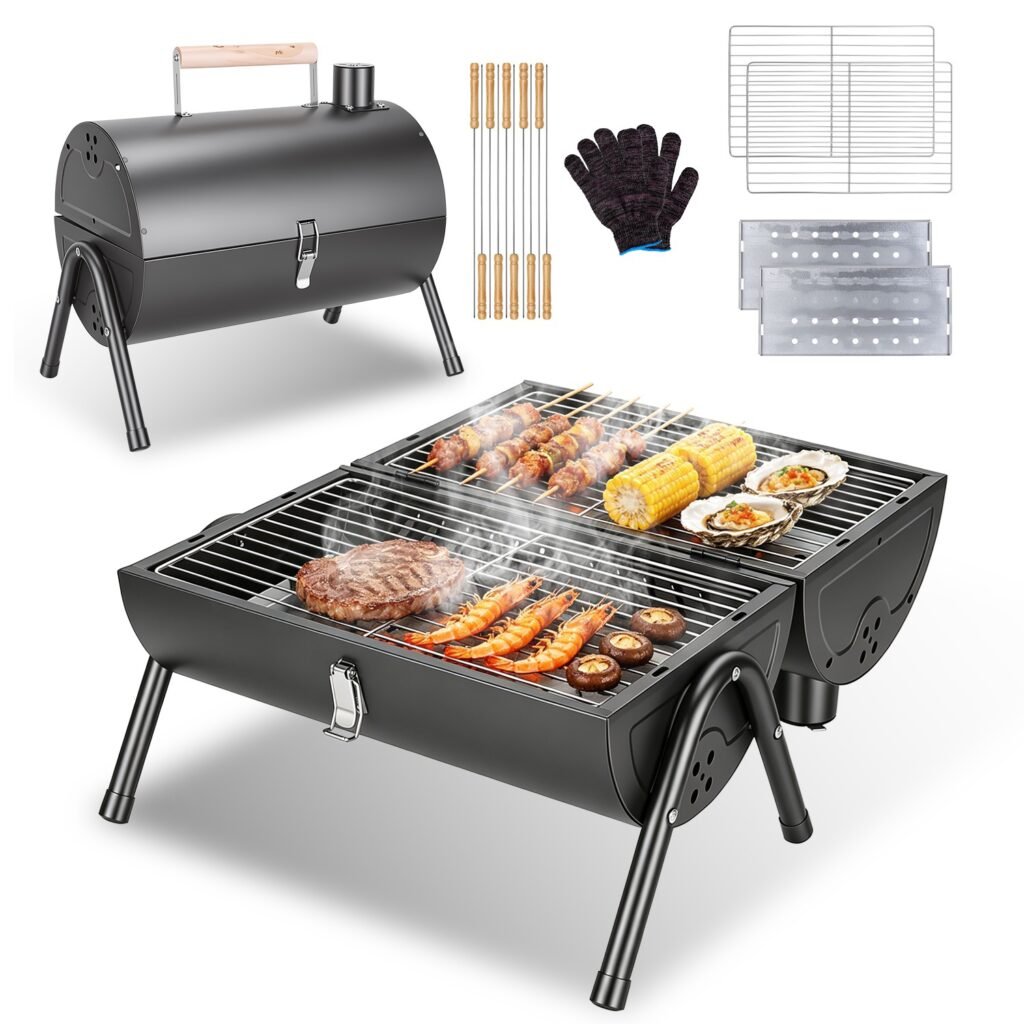 Portable Charcoal Grill Foldable BBQ Grill with Double-Sided Cooking Design, Chimney Vent, 10 Stainless Steel Skewers Carry Handle Outdoor Barbecue Gr