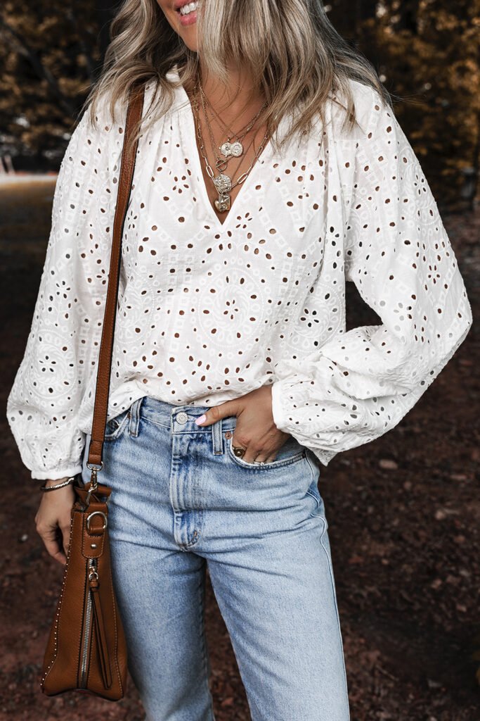 White Eyelet Embroidered Puff Sleeve V Neck Blouse White Eyelet Embroidered Puff Sleeve V Neck Blouse