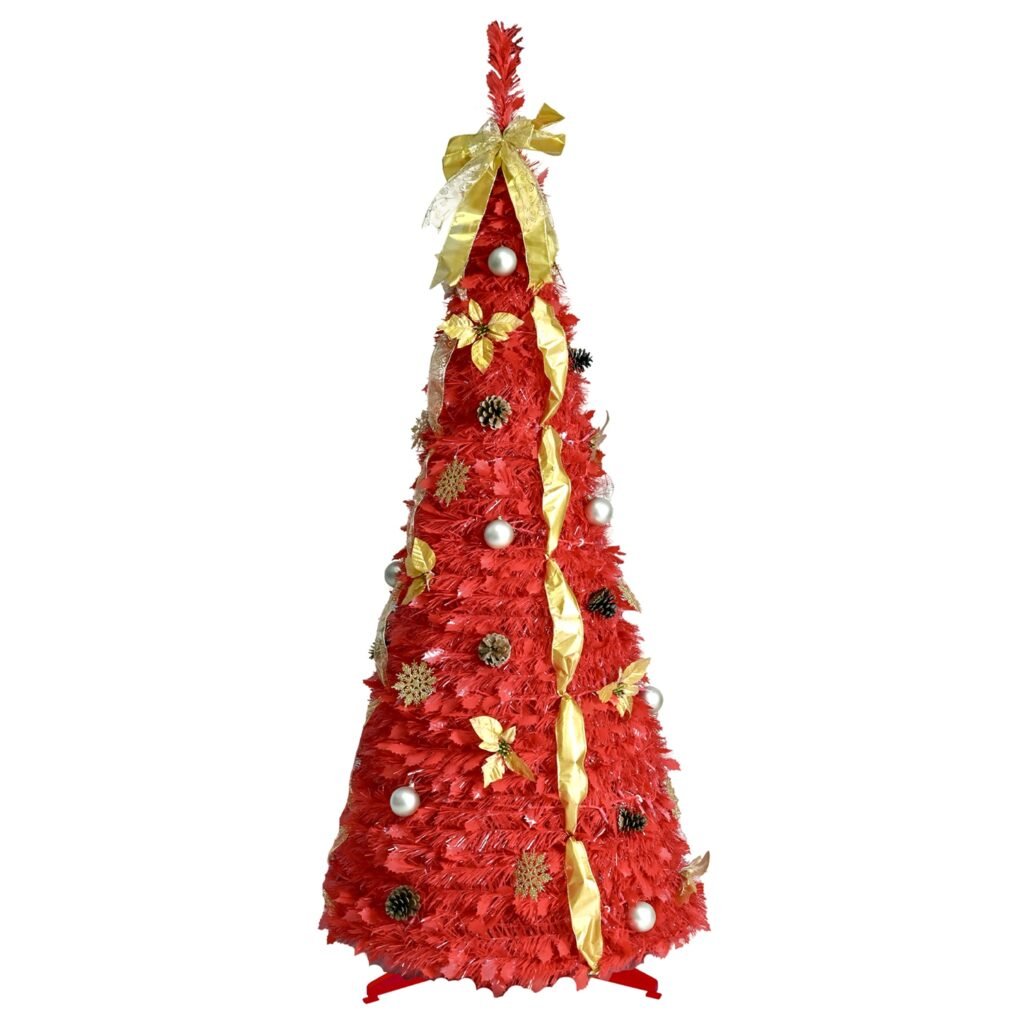 6FT Red Pre-Lit Pop-Up Christmas Tree with 150 Warm White LED Ribbons Bow Flowers Snowflakes Pine Cones Red Ornaments Collapsible Artificial Christmas 6FT Red Pre-Lit Pop-Up Christmas Tree with 150 Warm White LED Ribbons Bow Flowers Snowflakes Pine Cones Red Ornaments Collapsible Artificial Christmas
