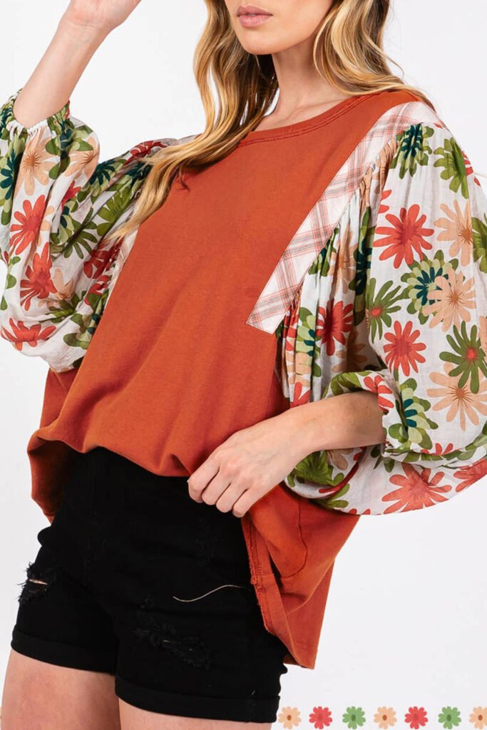 Desert Gold Floral Puff Sleeve Patchwork Round Neck Blouse Desert Gold Floral Puff Sleeve Patchwork Round Neck Blouse