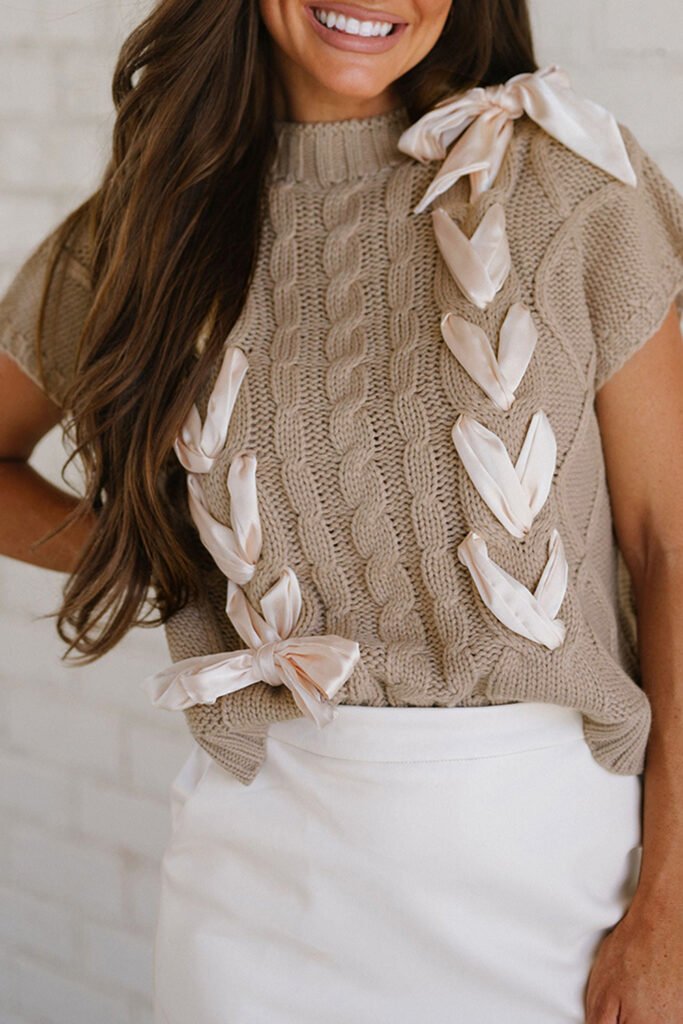 Simply Taupe Cable Knit Colorblock Satin Bowknot Short Sleeve Sweater Simply Taupe Cable Knit Colorblock Satin Bowknot Short Sleeve Sweater
