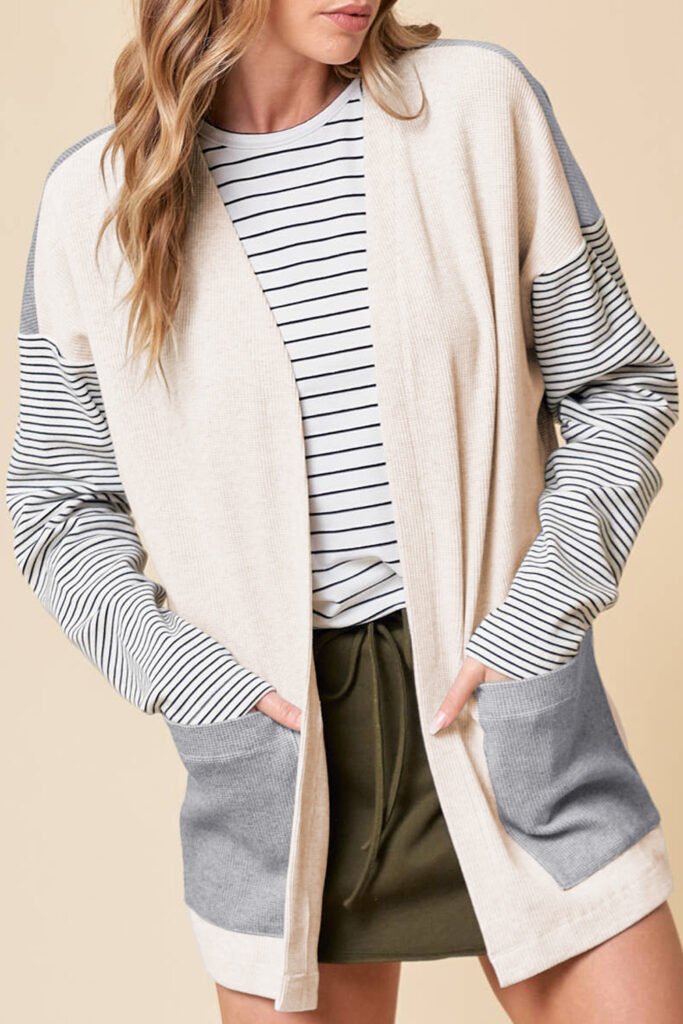 Black Stripe Colorblock Patchwork Open Front Cardigan with Pocket Black Stripe Colorblock Patchwork Open Front Cardigan with Pocket