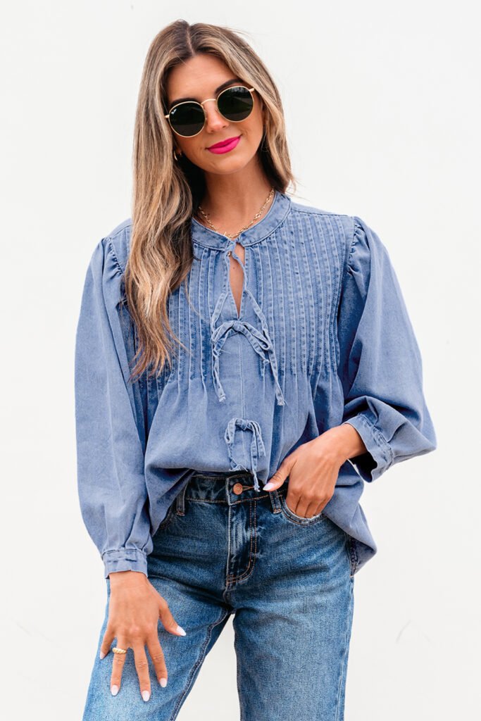 Myosotis Denim Front Pintuck Bow Tie Puff Sleeve Top Myosotis Denim Front Pintuck Bow Tie Puff Sleeve Top