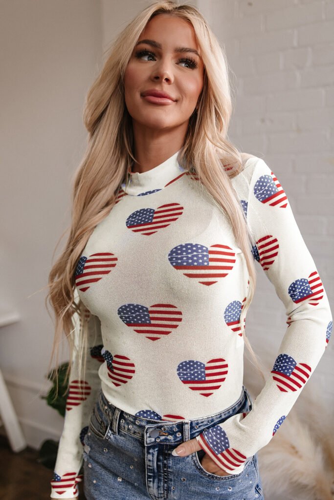 White Americana Glitter Mesh Long Sleeve Bodysuit White Americana Glitter Mesh Long Sleeve Bodysuit