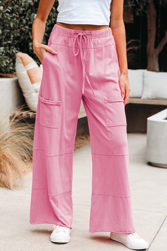Bonbon Mineral Wash Exposed Seam Drawstring Elastic Waistband Wide Leg Cargo Pants Bonbon Mineral Wash Exposed Seam Drawstring Elastic Waistband Wide Leg Cargo Pants